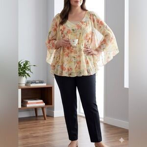 Dressbarn Floral Sheer Butterfly Sleeve Blouse | Orange & Yellow | 14/16